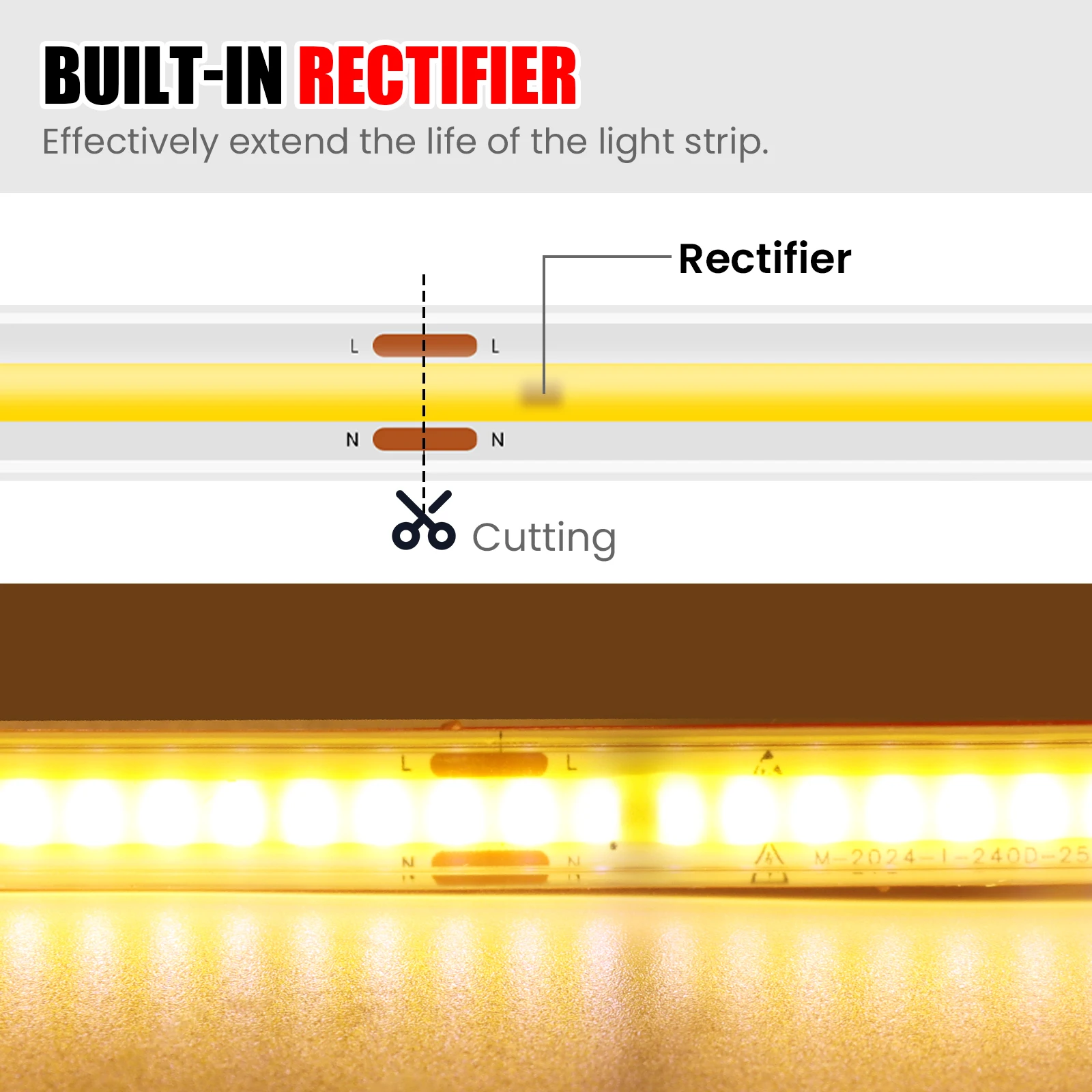 240LED COB 접착 스트립, 절단 가능한 IP65 방수, 야외 LED 리본, COB 라이트 스트립, IC 정류기 내장, 220V, 10cm
