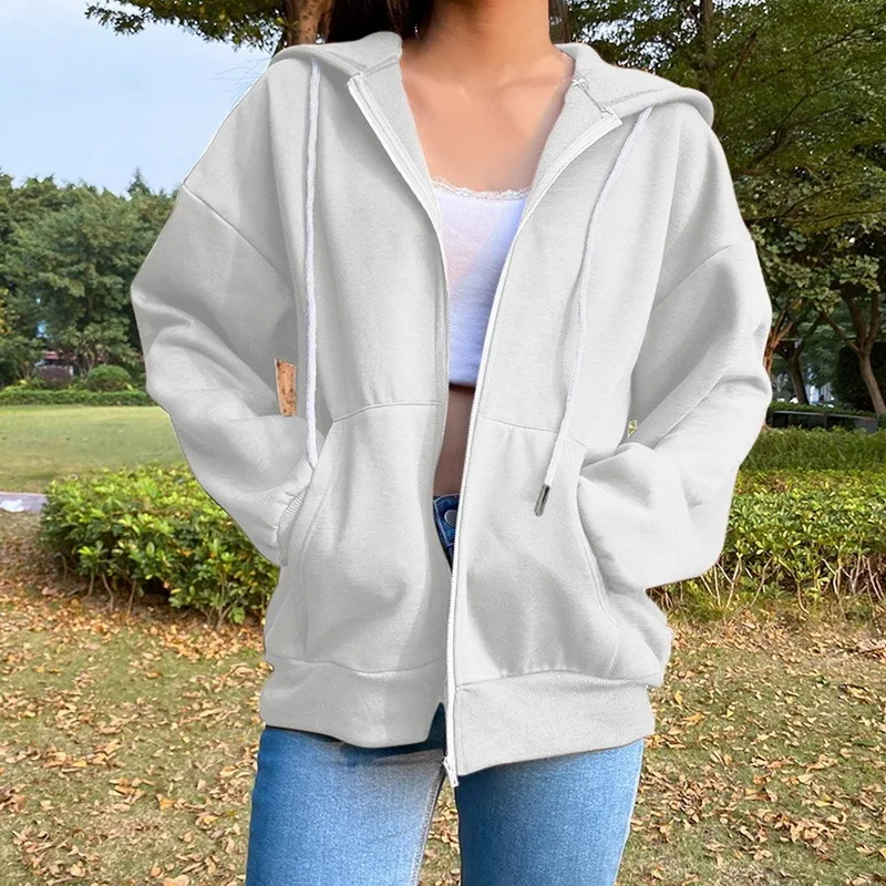 Y2k Clothes Hoodies Sweatshirt Solid Drawstring Zip Up Drop Shoulder Hoodie Women Oversize Coat Harajuku Streetwear Tops