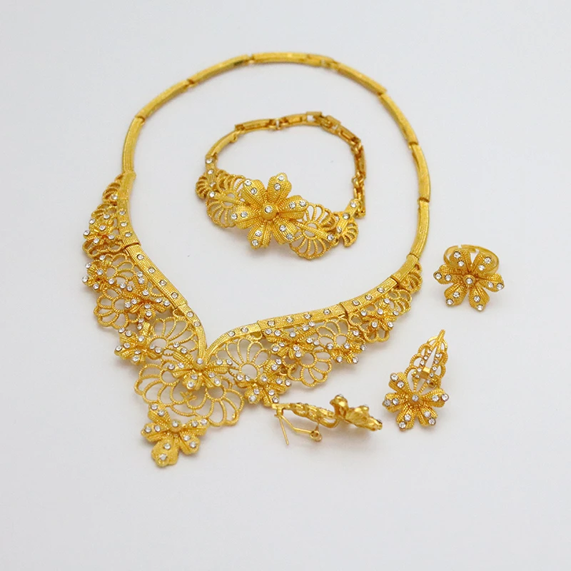 Dubai Wedding Fashion Gold Big Flower Jewelry Pearl Diamond Set Ladies Pendant African Bead Necklace Earring Bracelet
