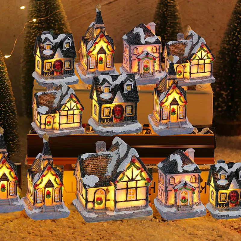 Mini LED Christmas Village Houses Building Xmas Winter Village Town Buildings Collection Home Indoor Room Decoration Xmas Gifts