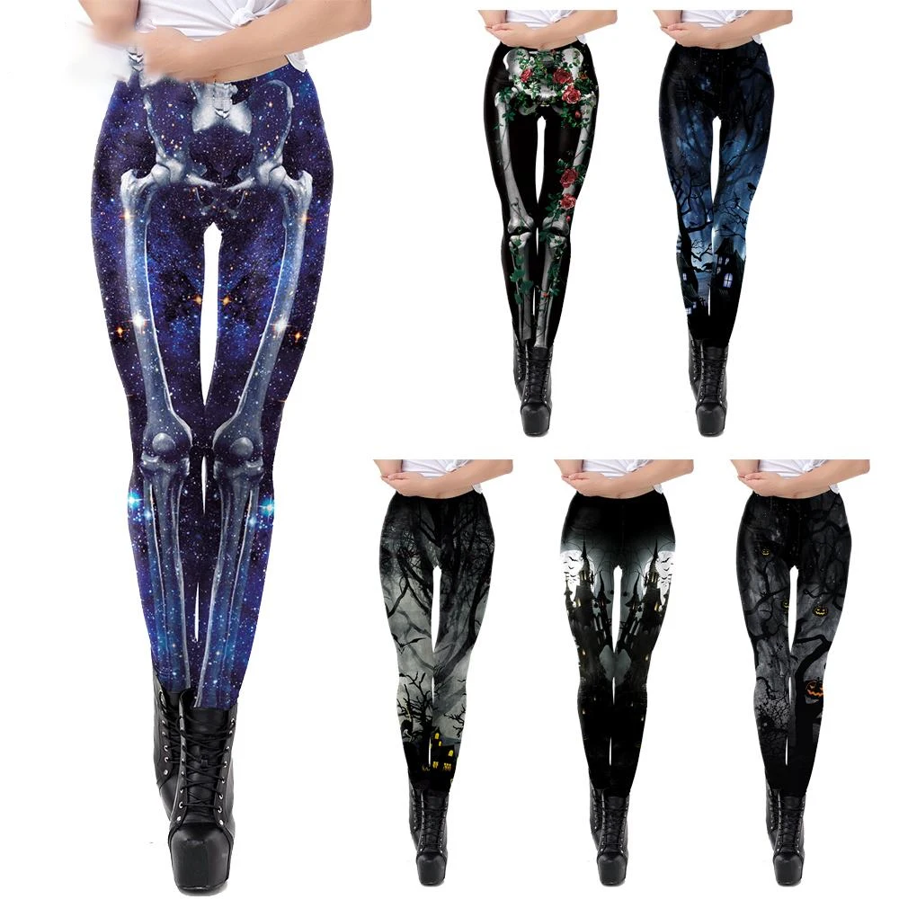 

[You're My Secret] Women's Black Fitness Legging Skull Digital Print Pants Elastic High Waist Trousers Drop Shipping