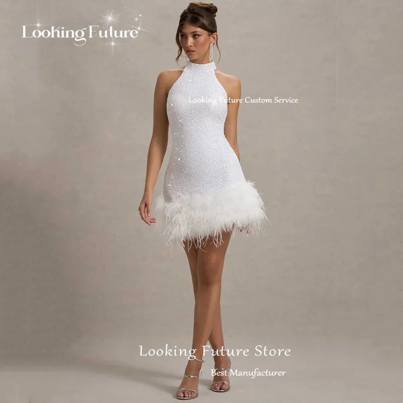 Exquisite Mermaid White Mini Wedding Dress Sexy Sleeveless Halter Pleat Shiny Beading Sequined Feathers Formal Gown Customized 9 S21517e7f22b7425c982a5025a8db9c0cW