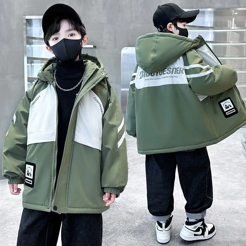 Winter Thicken Cotton Coats for Boy Hooded Jackets Kids Outerwear Clothing Teenager Long Warm Cold Proof Snowsuits 5-14Yrs