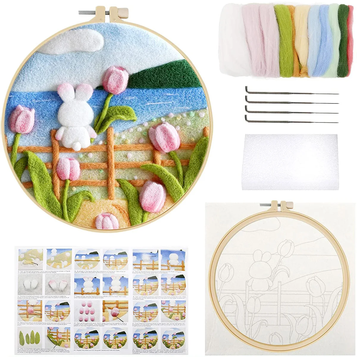 Needle Felting Painting Kit RUOPOTY Wool Felting Painting Kit With Frame Rabbit And Flowers Diy Felt Package for Home Decoration Crafts