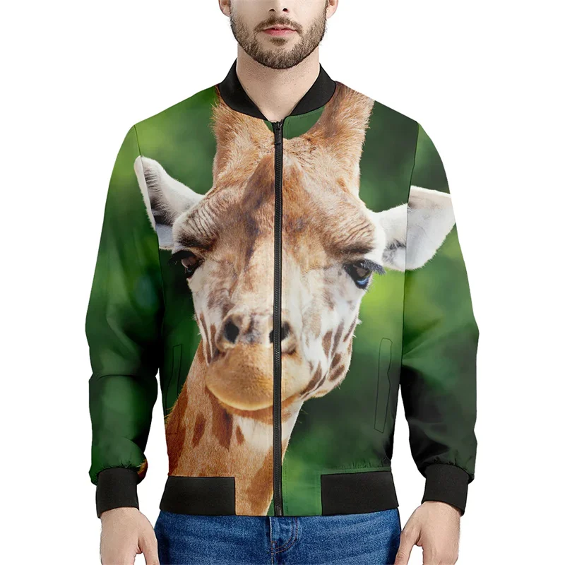 thumbnail image 1 of Chaqueta con estampado 3D de piel de jirafa para hombre y mujer, sudadera holgada de primavera, chaqueta bomber informal con cremallera, ropa de calle, abrigo, 1 of 5