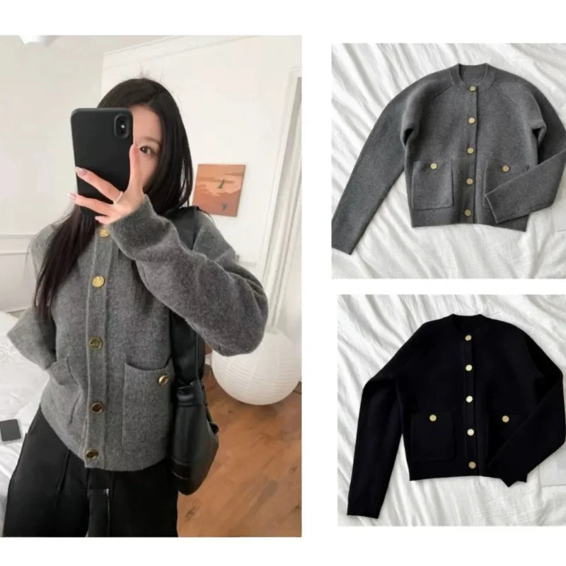 Hammer Button Sweater Gray Soft Slim Knit Cardigan Jacket Luxury Style 2025 Spring New Versatile