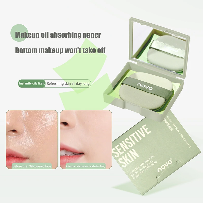 Description Picture 3 of item100sheets Face Oil Blotting Papers With Mirror Makeup Puff Refreshing Portable Oil Control Tool Kits Facial Oil Absorbing Sheets