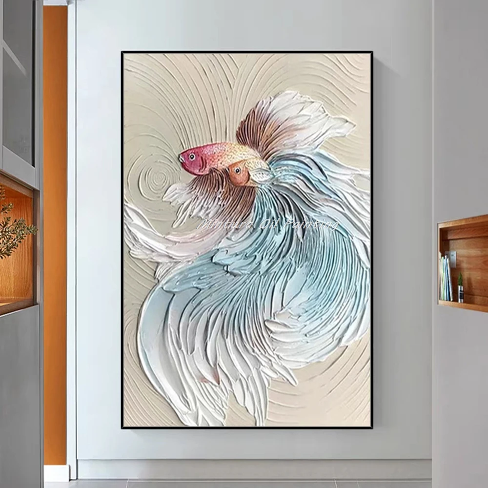 Mintura 대형 핸드 페인팅 3D 나이프 피쉬 오일 페인팅, 현대 추상 동물 벽 아트 그림, 거실 홈 데코