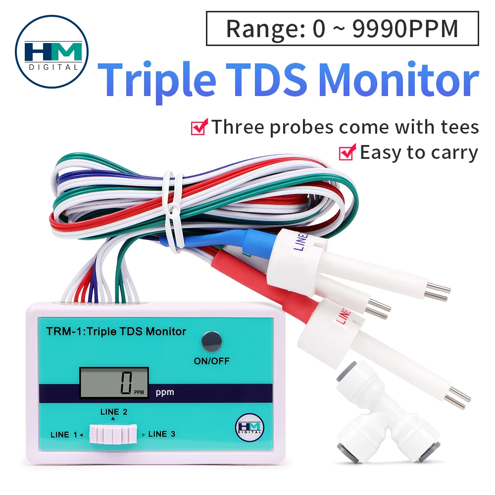 

TDS Monitor Triple TDS Meter PPM Water Quality Tester 0-9990 PPM for Aquariums Hydroponics Drinking Water 3/1 Probe Optional