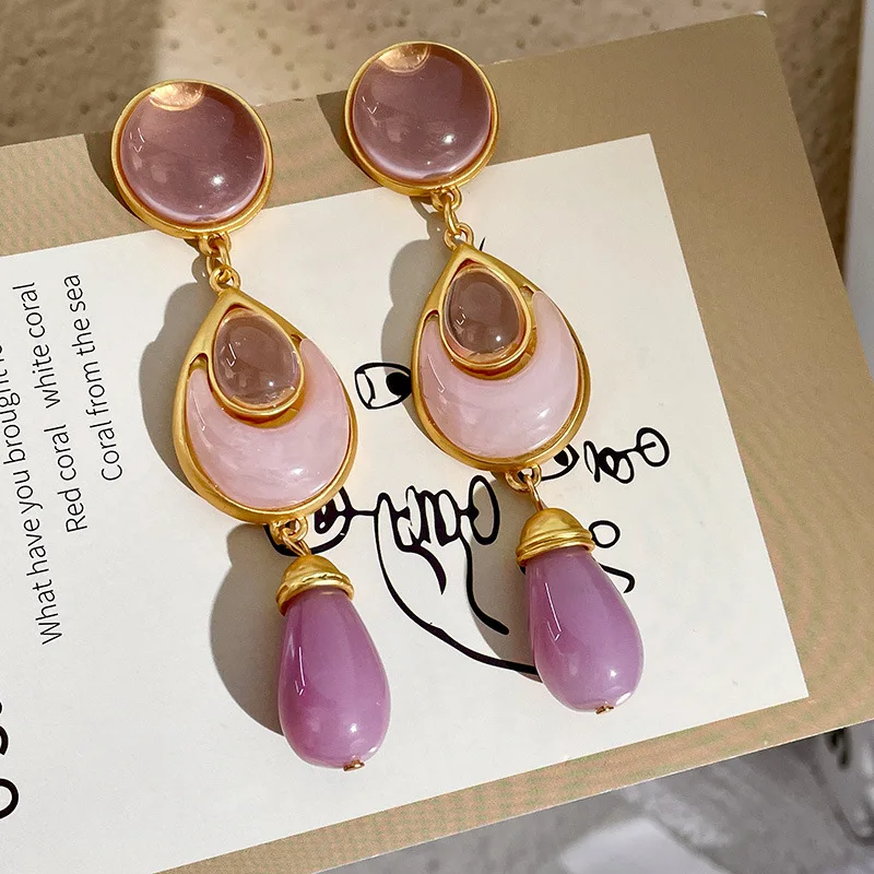 Women Crystal Drop Earrings Antique Pink Contrasting Color Retro Water Dangle