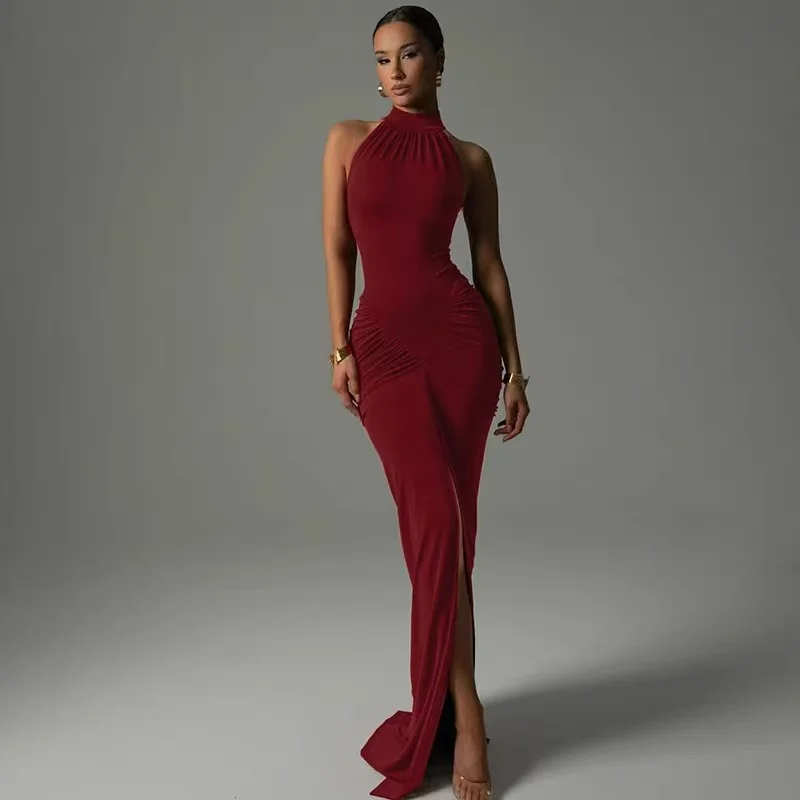 New Women's Sleeveless Half Turtleneck Dress Stylish Elegant Slit Skirt Sexy Off-the-Shoulder Slim Solid Color Evening Dress