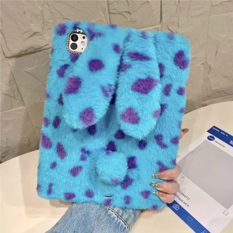 Adorable Fluffy Leopard Bunny Tablet Case with Pen Holder Cover