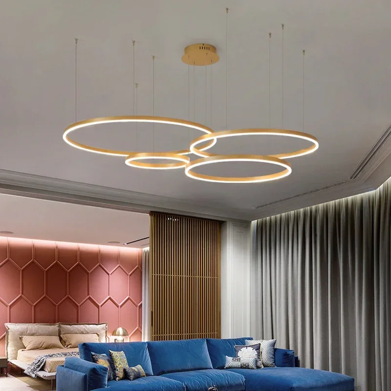 Modern Ring Pendant Lights Chandelier Home Lighting Brushed Circle Ceiling Mounted Hanging Lighting Suspension Lamp Gold Black 2