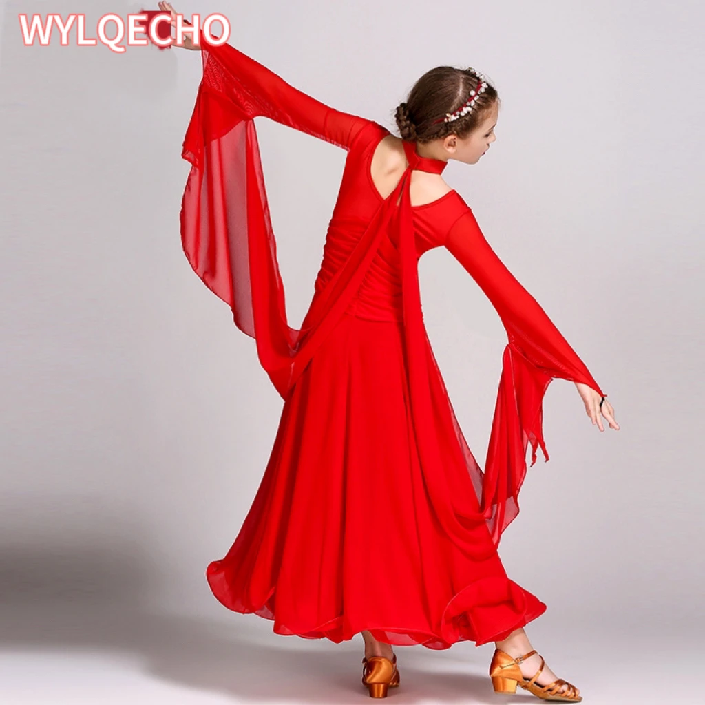 Chiffon Long Sleeves Standard Competition Ballroom Dance Dress Girl Kids One Piece Child Modern Waltz Latin Dancing Dancewear