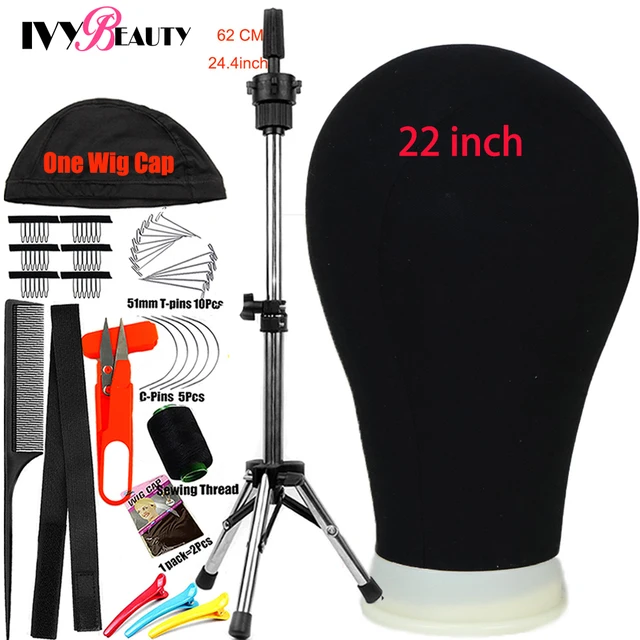 55.88/58.42 Cm Wig Head,Wig Stand Tripod With Head,Canvas Wig Head Stand  With Mannequin Head For Wigs,Manikin Head Block Set For Wigs Making Display  With Wig Caps,T Pins Set,Bristle Brush