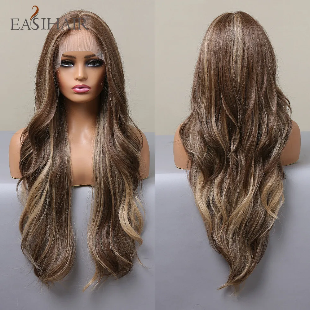 

EASIHAIR Dark Brown Lace Front Wigs with Blonde Highlight Long Synthetic Wavy Hair Wigs for Black Women Heat Resistant Fiber