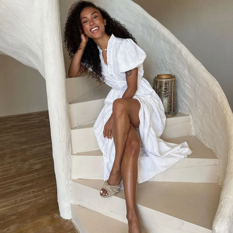 Leisure V-Neck Lace Up White Maxi Dress For Women Solid Color High Waisted Short Sleeves Ruched Patchwork Girdle Dress