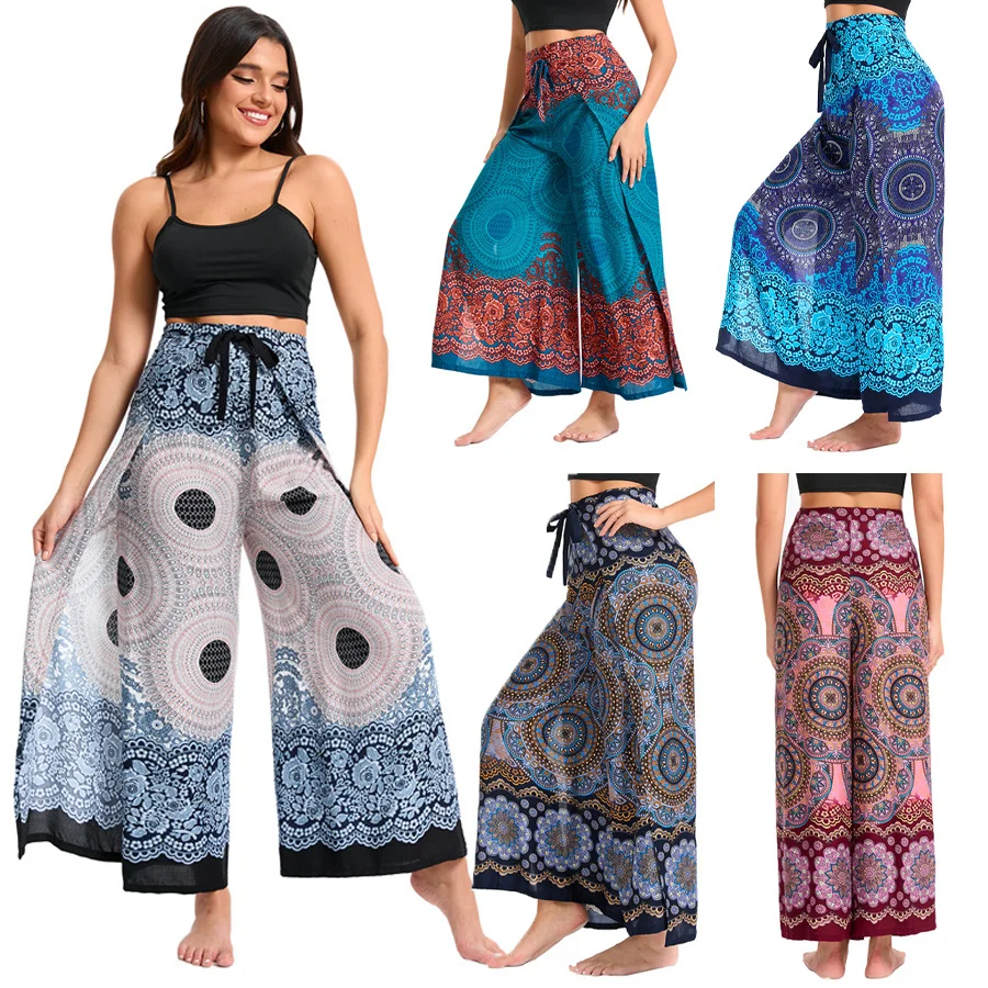 Women's Boho Palazzo Pants Wide Leg Yoga Wrap Tie Up Waistband Beach Cover Up Trousers Rayon Soft Breathable Loose Pants 1