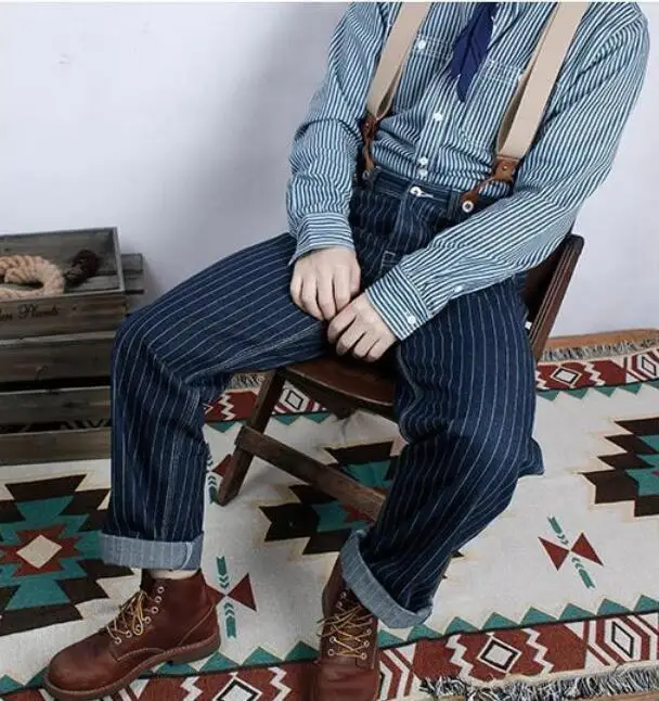 Men Striped Jeans Loose Railway Work Overalls Pants Strap Denim Pants Wide Leg Stripe Pants 4