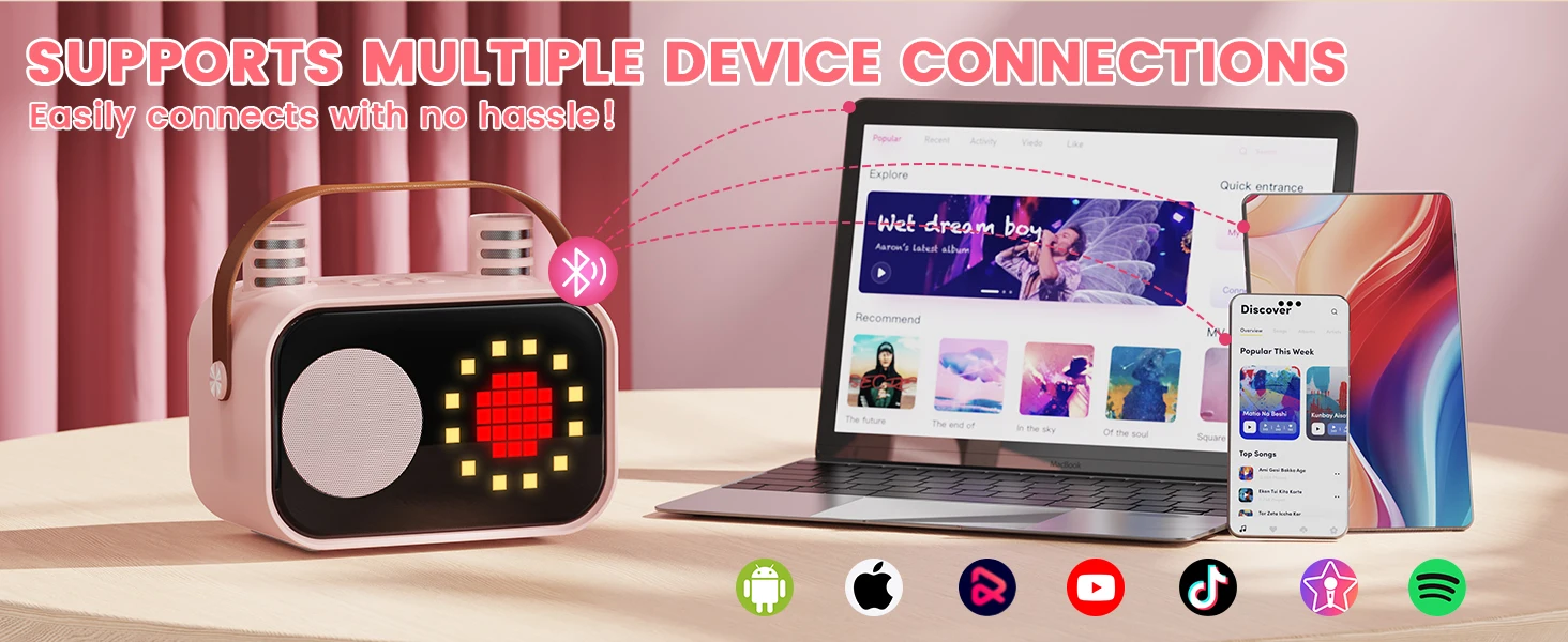 FanFun Bluetooth Speaker, Karaoke Machine for Kids, Portable Speaker with Microphone, 15 Animated Mode, 4 Funny Magic Voices