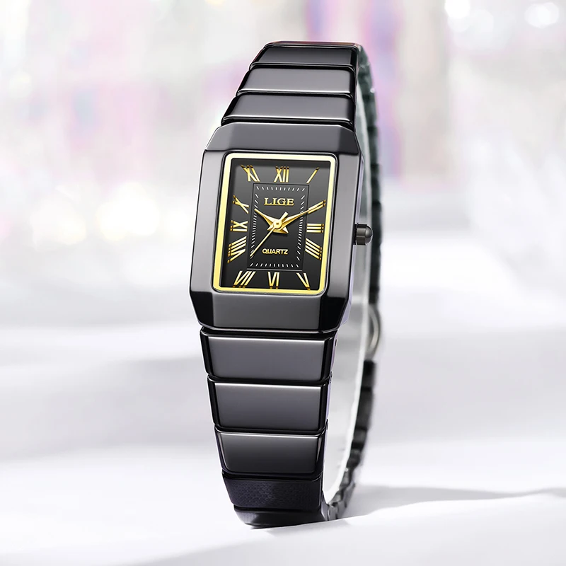 LIGE Simple Square Black Ceramic Watch Women Fashion Elegant Ladies Quartz Wristwatch Outdoor Sports Waterproof Clock Femme Gift