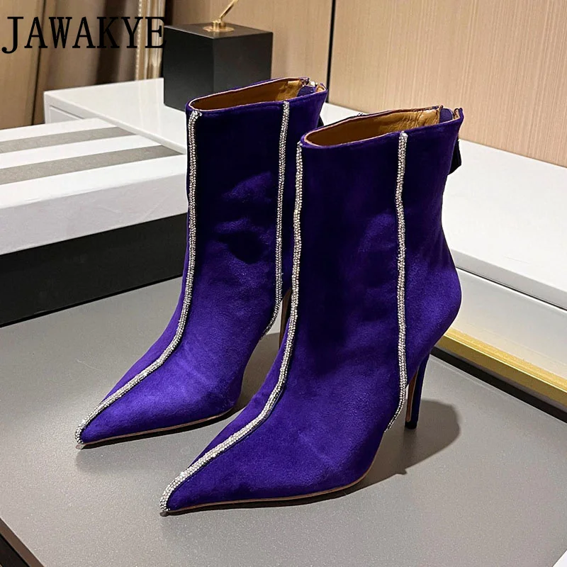 

Royal Blue Suede Leather Ankle Boots Women's Rhinestone High Heels Elegant Pointed Toe Ladies Winter Dress Shoes Short Boots