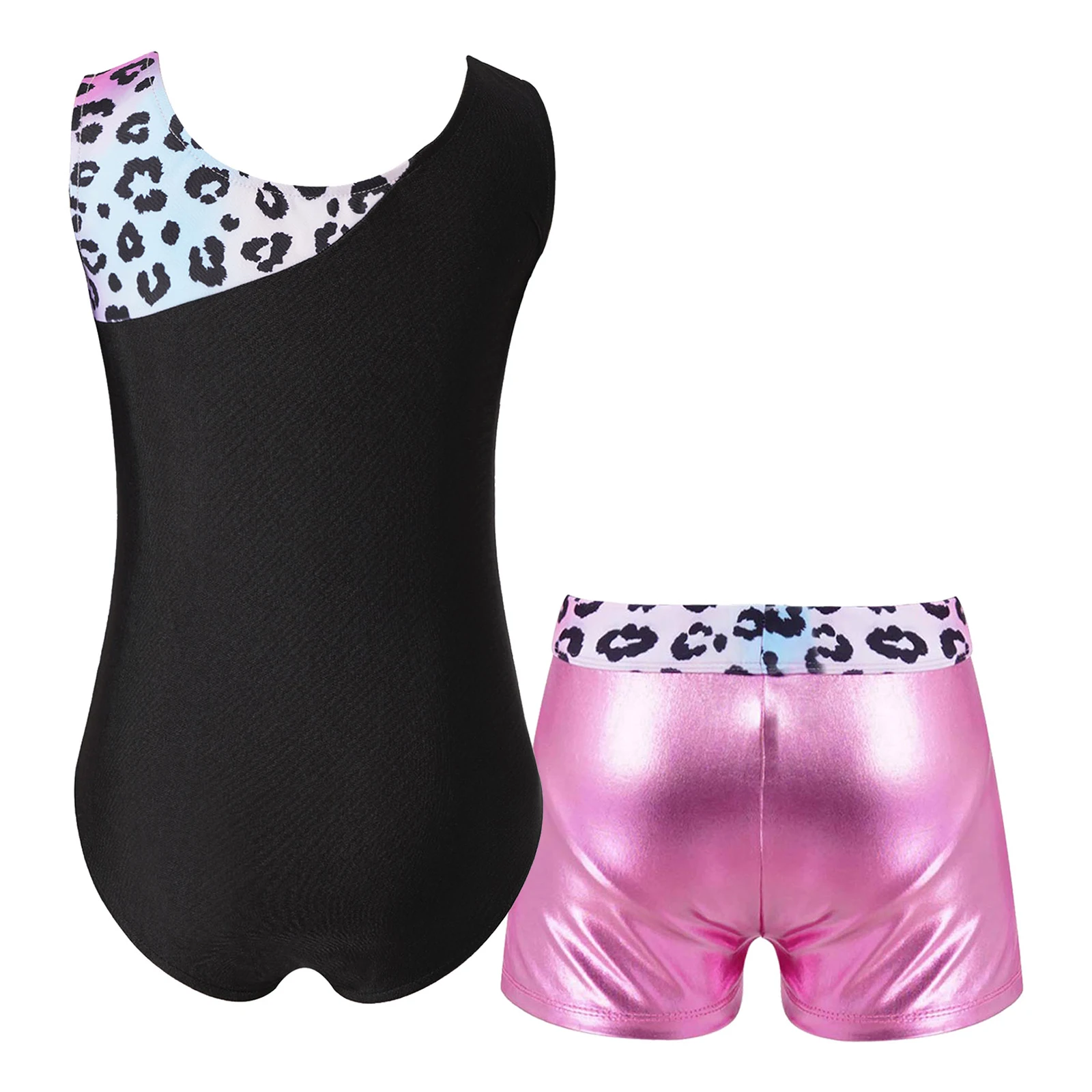 2pcs Summer New Kids Girls Sleeveless Printed Rhinestones Adorned Patchwork Leotard with Metallic Shorts for Dance Gym Sports