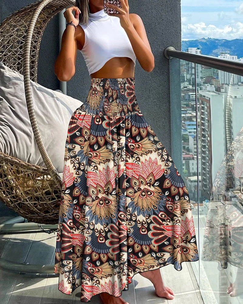 Pantalones de vacaciones para mujer, con cintura alta, elásticos y pierna ancha, estampados completos, 2024