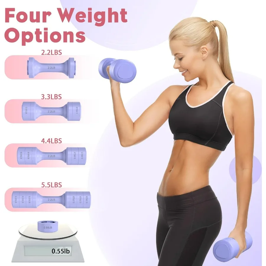 Adjustable Dumbbell Set of 2, 11Lb/Pair Weights Dumbbells for Women, Each 2.2lb, 3.3lb, 4.4lb, 5.5lb Hand Weights Set for Home G