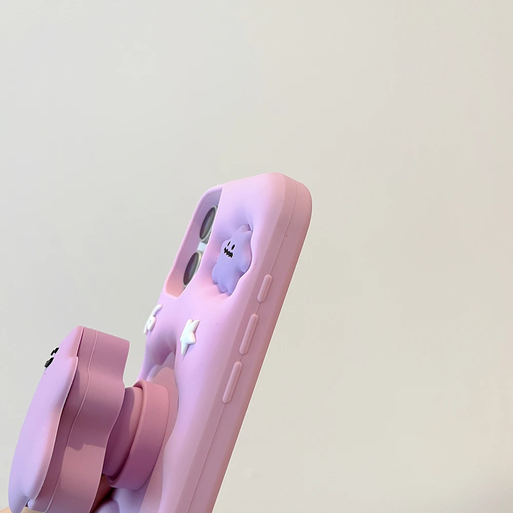 Funny 3D Cartoon Ditto Monsters Bracket Mirror Case For iPhone 17 16 15 14 13 12 Pro Max Soft Silicone Stand Holder Cover 5
