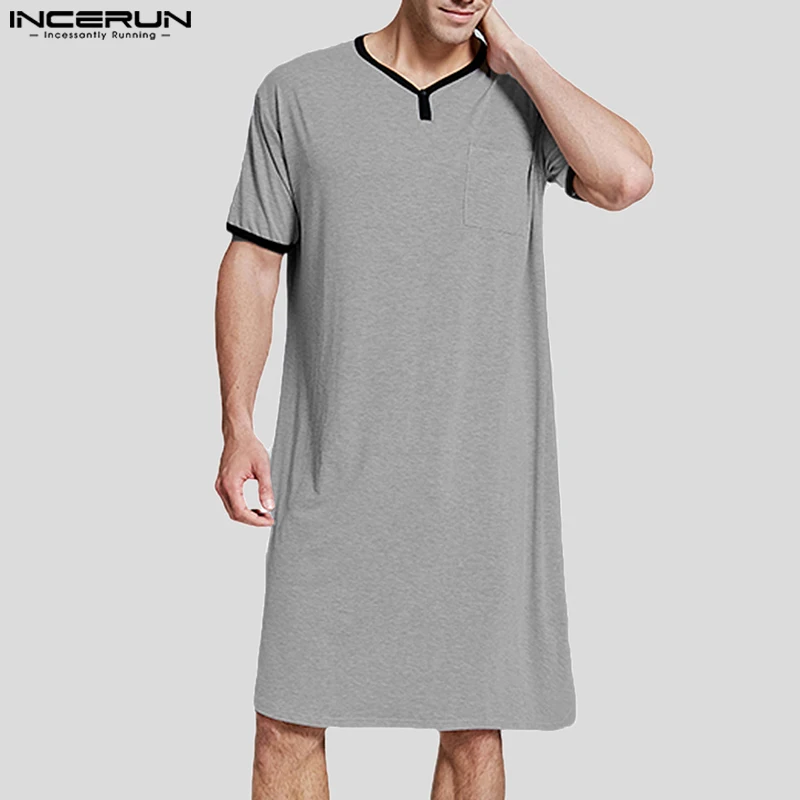 

2023 Men Robes Pajamas Patchwork Loose V Neck Short Sleeve Homewear Men Leisure Breathable Cozy Male Loungewear S-3XL INCERUN