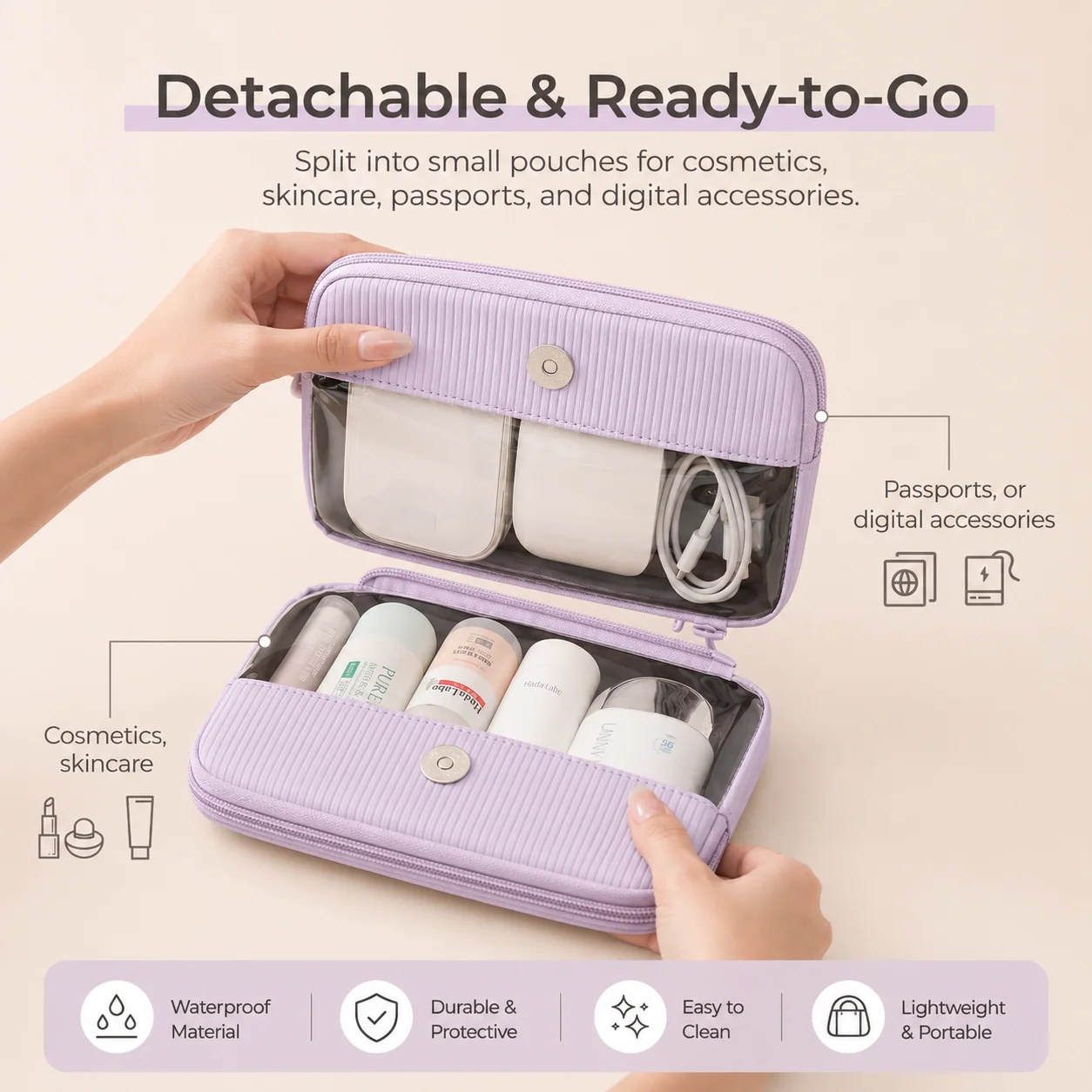 Women's Large Waterproof Travel Makeup and Toiletry Organizer with Clear Pocket