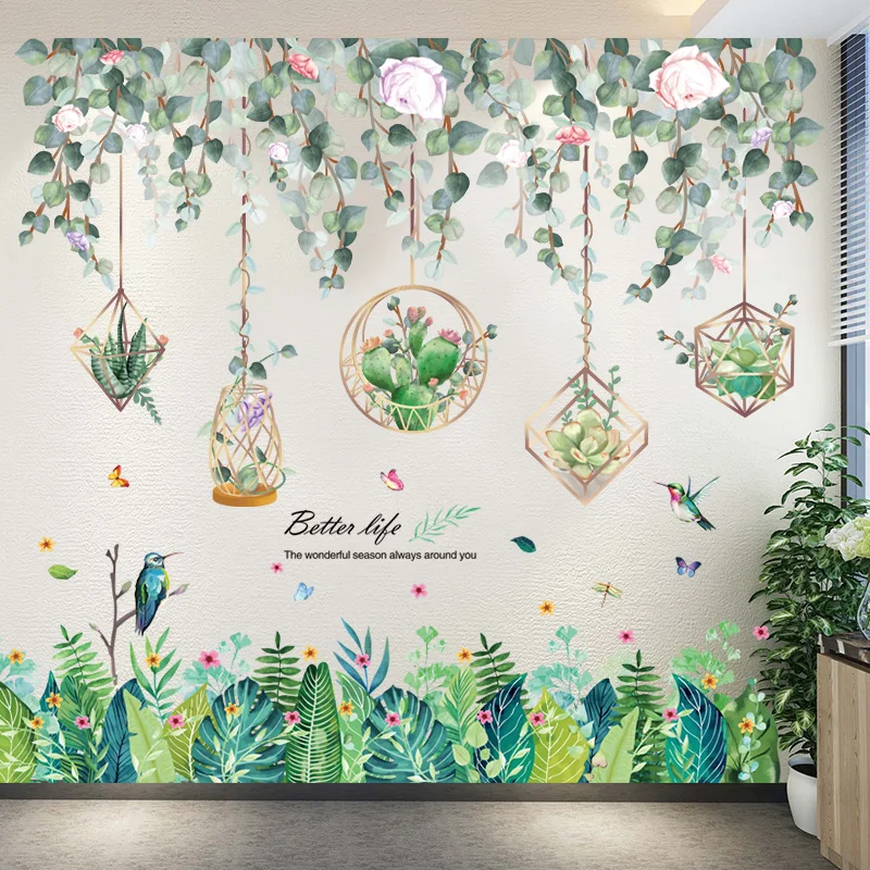 

Tropical Grass Leaves Wall Stickers DIY Potted Plant Wall Decals for Living Room Kids Bedroom Kitchen Nursery Home Decoration