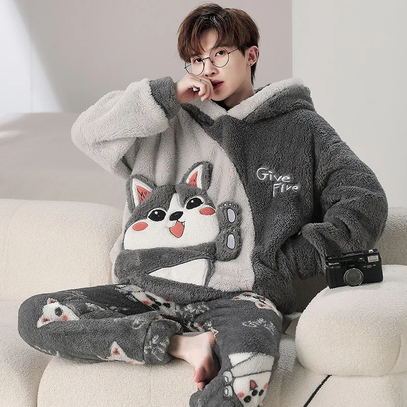 Autumn Winter Men's Coral Velvet Cartoon Pajamas Oversized Plush Thickened Warm Home Clothing Set Flannel Hooded Sleepwear