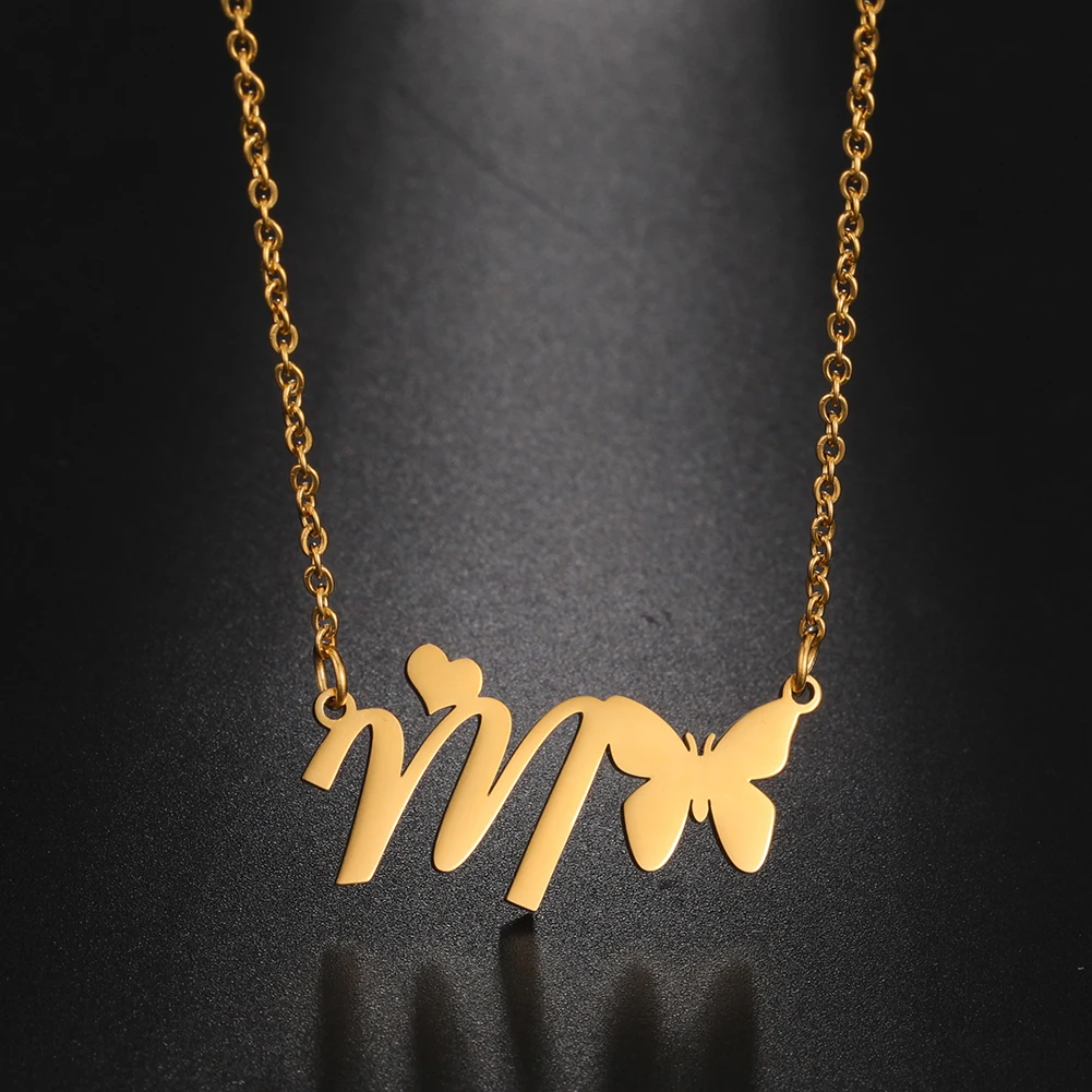 Amaxer for Women Girl Sweet Butterfly Alphabet Necklace A-Z Initial Letter Name Stainless Steel Gold Silver Color Jewelry Gift_voghion.com