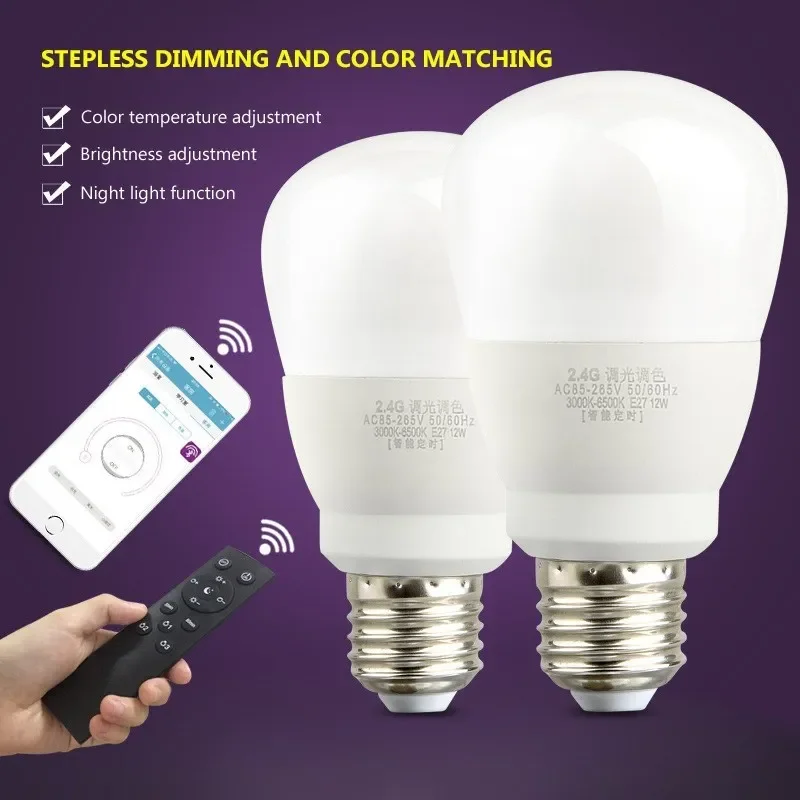 

Smart LED Bulb Remote Control Two-color Stepless Dimming Toning 6W 9W 12W Timing On Off E27 AC86-265V RF 2.4G LED Bulb Lighting