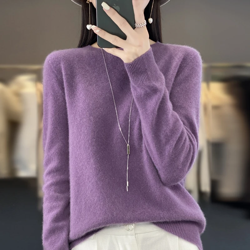 여성 가을, 겨울 신작 100% 메리노 울 솔리드 컬러 스웨터 풀오버 솔리드 컬러 오 넥 긴 소매 따뜻한 스웨터 탑
