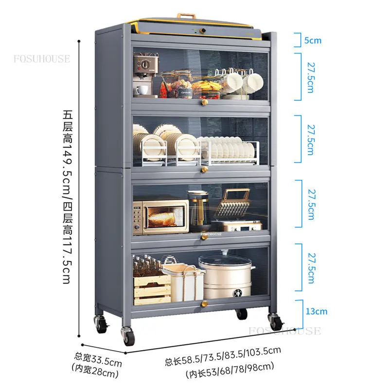 Simple Carbon Steel Kitchen Cabinets Floor Rack with Flip Door  Multi-function Microwave Oven Storage Cabinet