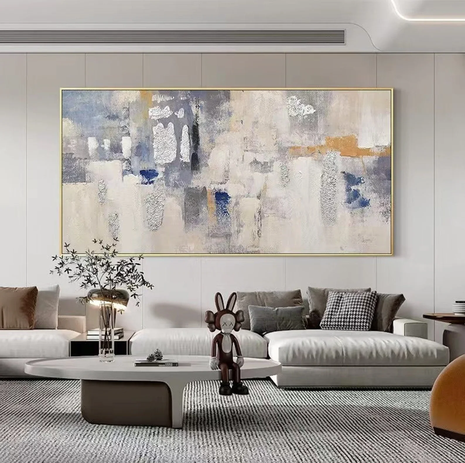 

Hand-painted Abstract Oil Painting Beige Blue Wall Art Silver Canvas Art Black White Minimalist Painting Beige Art Home Decor