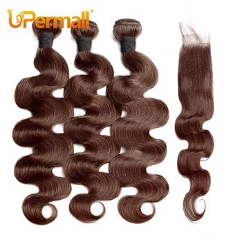 Upermall Chocolate Brown 2/3/4 Human Hair Bundles With Closure kim k 2x6 Straight Body Wave Transparent Middle Part Lace Frontal
