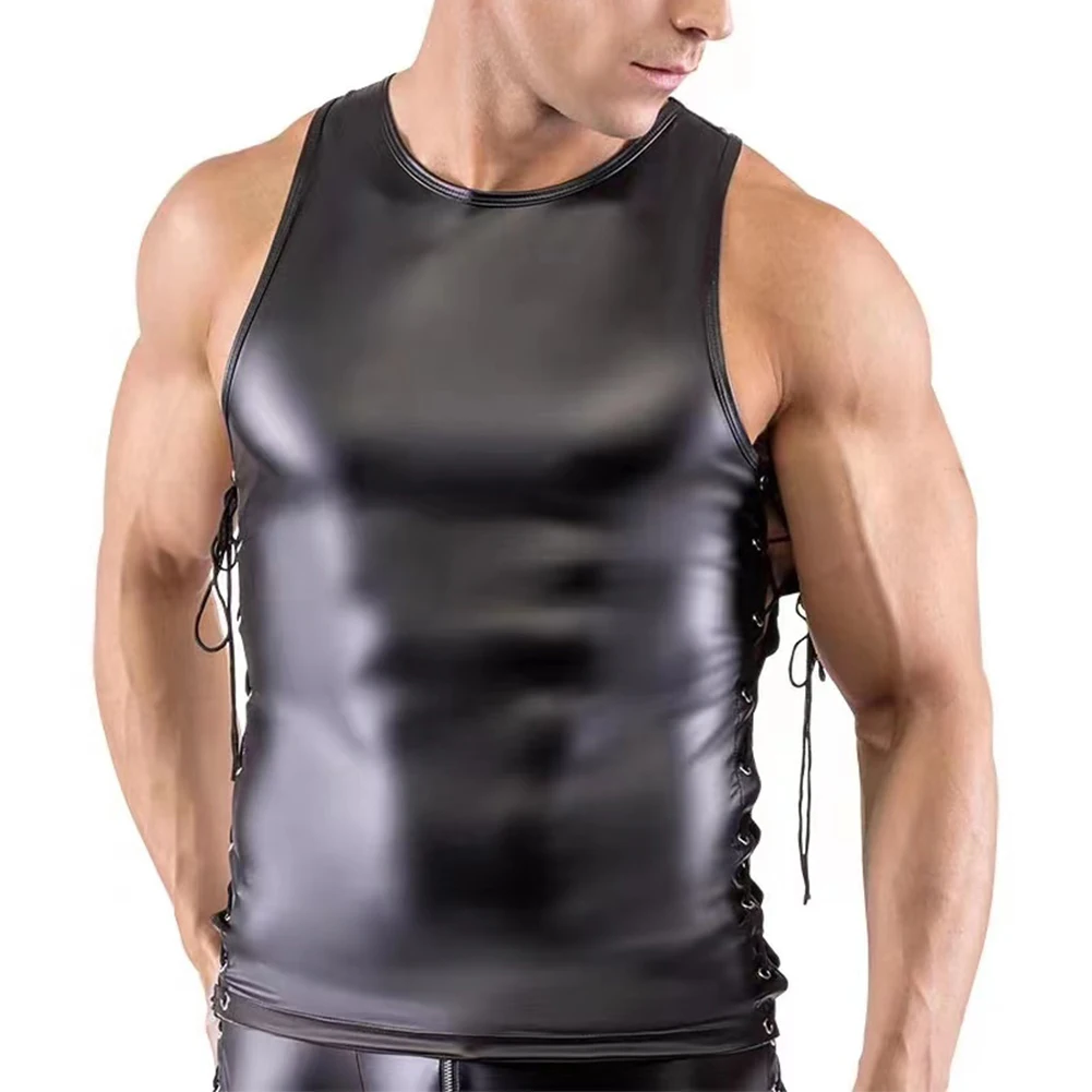 

Mens Wet Look Faux Leather Undershirt Tank Tops Vest Sleeveless T-Shirt Crop Top