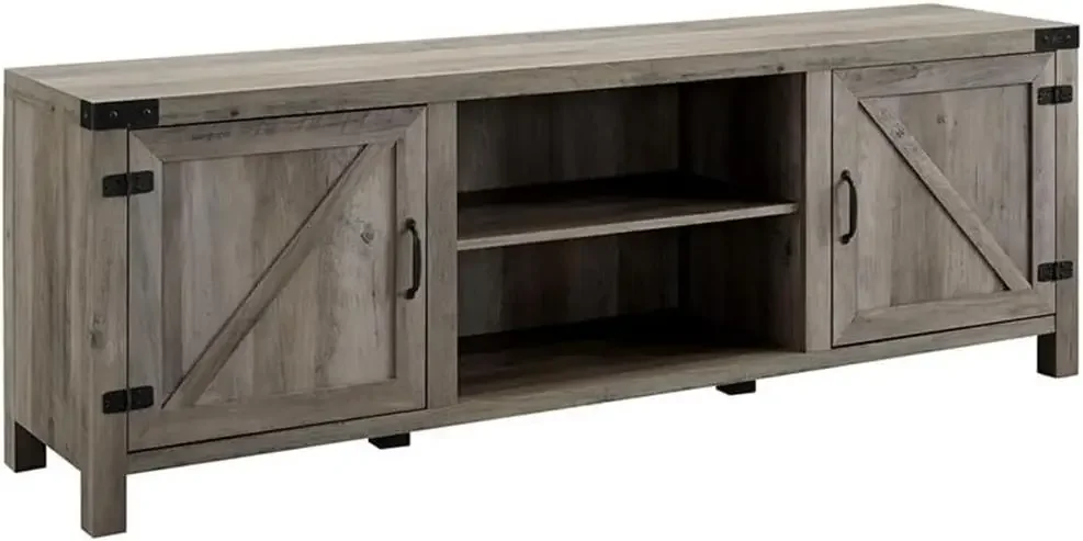 4 Piece Farmhouse Barn Door TV Stand Console Coffee Table and 2 End Table Living Room Set in Rustic Gray Oak 3