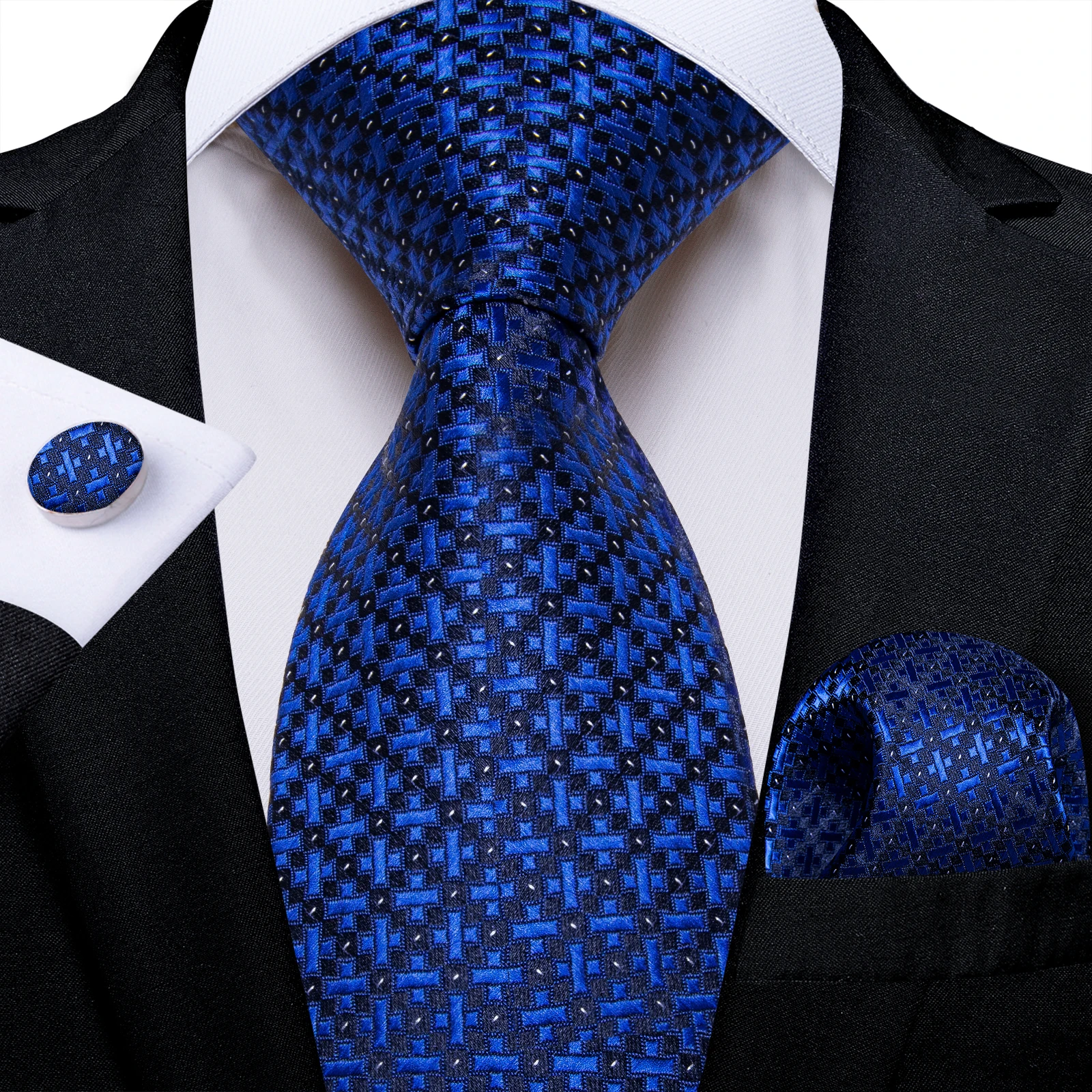 Luxury Blue and Black Plaid Silk Ties for Men Fashion Wedding Prom Groom Accessories Necktie Handkerchief Husband Gift Wholesale
