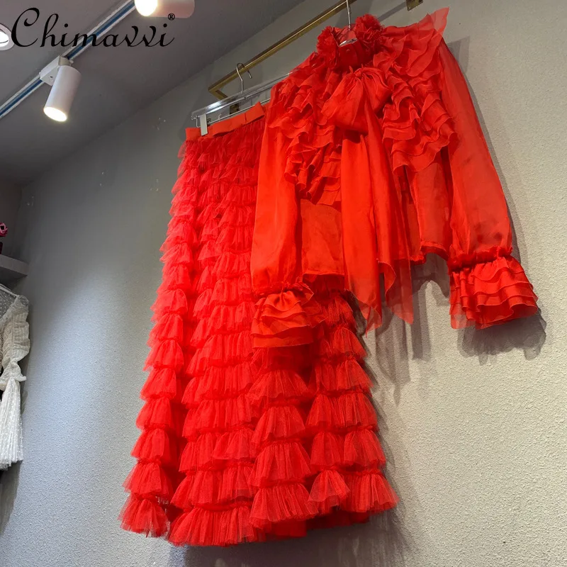 Fashion Retro Layered Ruffled Lace Lace Stand Collar Bell Sleeve Chiffon Shirt High Waist Slim Elegant Skirt 2022 Spring 2pcs 2pcs 125mm 155mm centre punch general automatic punch woodworking metal drill adjustable spring loaded automatic punch hand tool