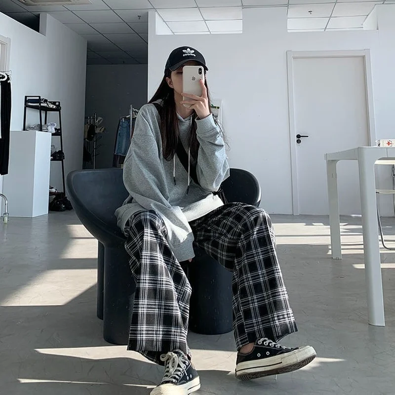 

Wide Leg Pants Womens Hot Sale Summer Fall Chic High Waist All-match Teens Streetwear Ins Trendy Harajuku Plaid Womens Trouser