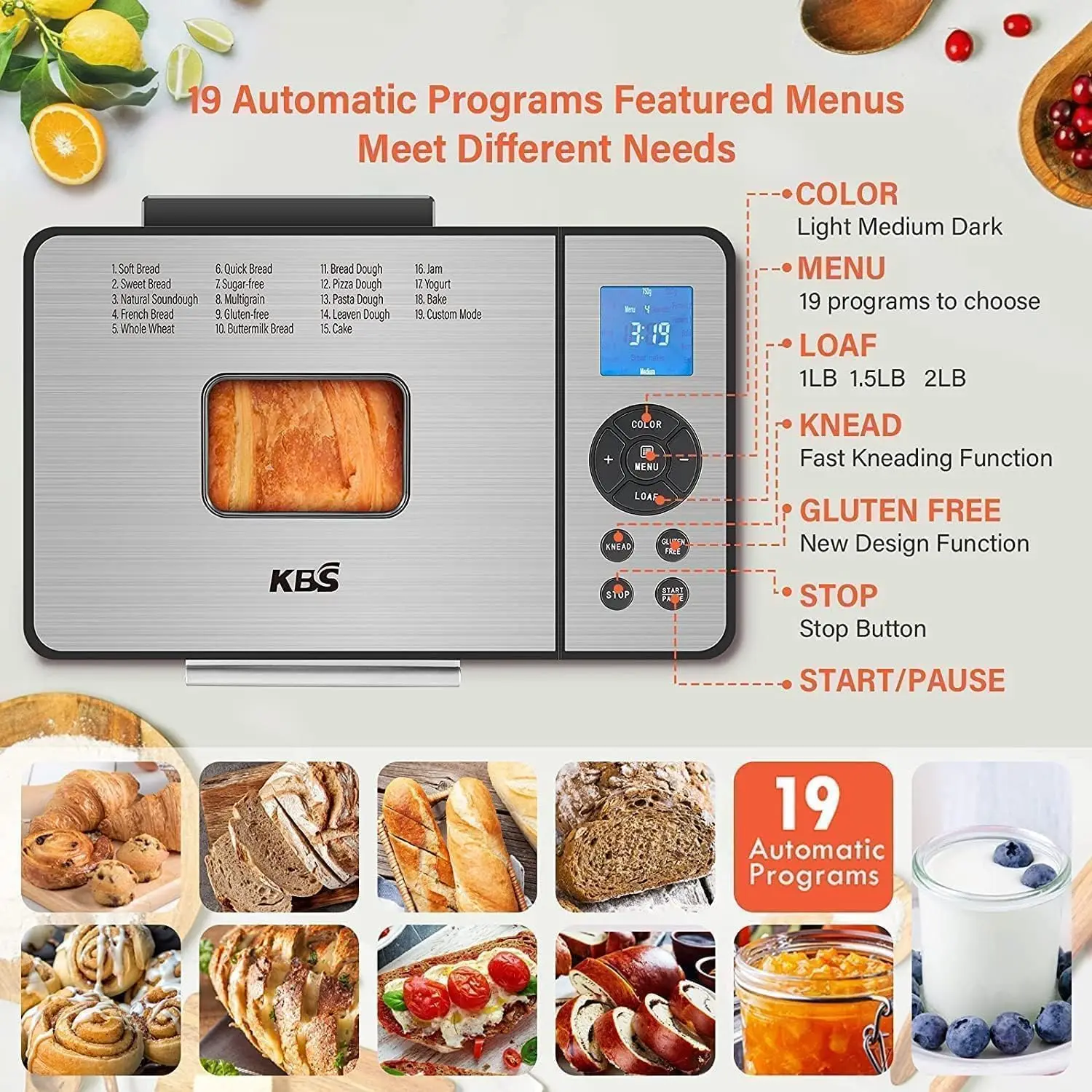 2LB Bread Maker 19-in-1 Automatic Bread Machine Stainless Steel with Ceramic Pan 15H Timer&1H Keep Warm Sourdough Gluten-Free
