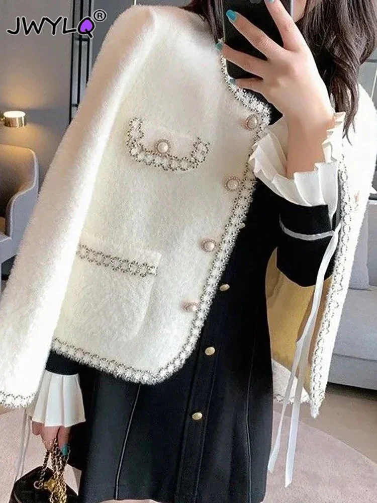 

2024 Autumn Winter Imitation Mink Fleece Knitted Coats Korean Fashion O-neck Single-breasted Cardigan Tops New Casual Short Coat