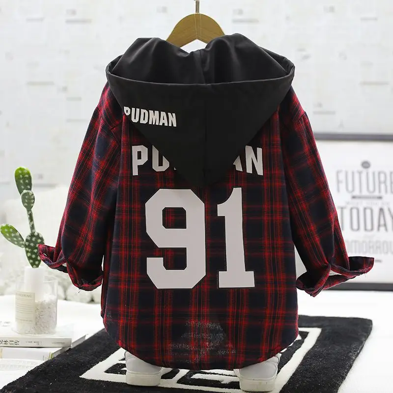 Boys' Plaid Shirt Spring and Autumn 2022 New Children Loose Long Sleeve Shirt Medium and Big Children Handsome Hooded Coat