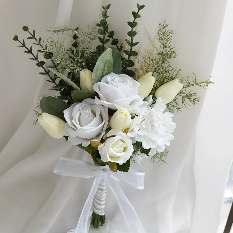 Artificial Wedding Flower Silk Rose Green Eucalyptus Leaves Bridal Bouquet Fake Flower for Wedding Table Party Bridesmaid wedding bouquets artificial rose flowers wedding flower decoration