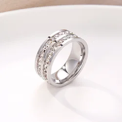 Rose Gold Double Row Zircon Square Stainless Steel Ring - 7 (Silver)